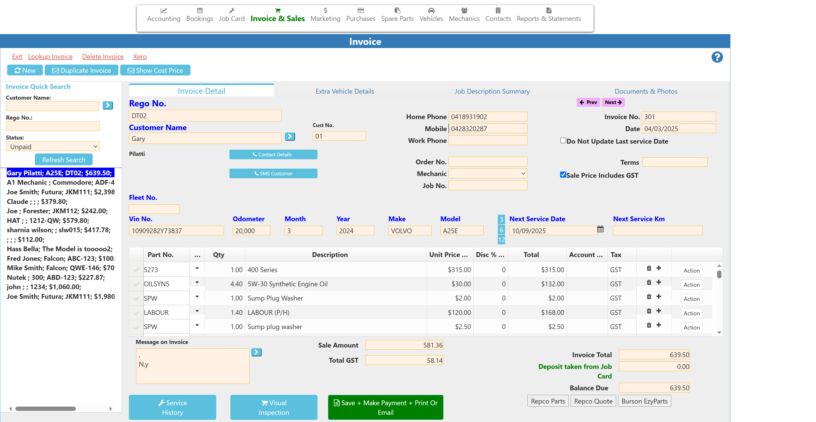 Invoice screen
