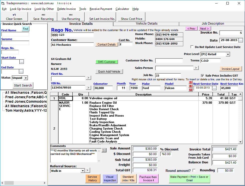 Invoice screen for recurring documents