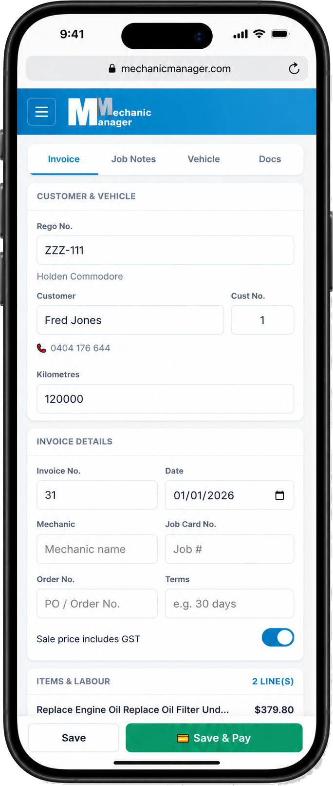 Mobile phone workshop invoicing